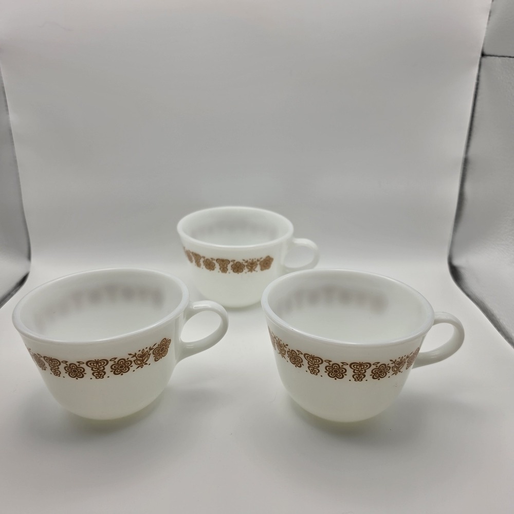 3 Vintage Corning USA Butterfly Floral White Milk Glass Cups Mugs Cottagecore